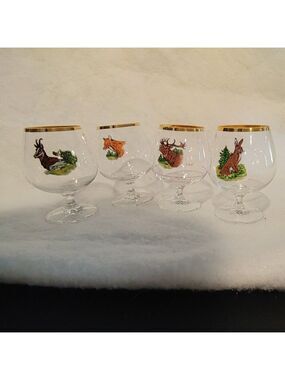 Vintage Wildlife Forest Brandy Snifter Glasses Gold Rim Set of 4